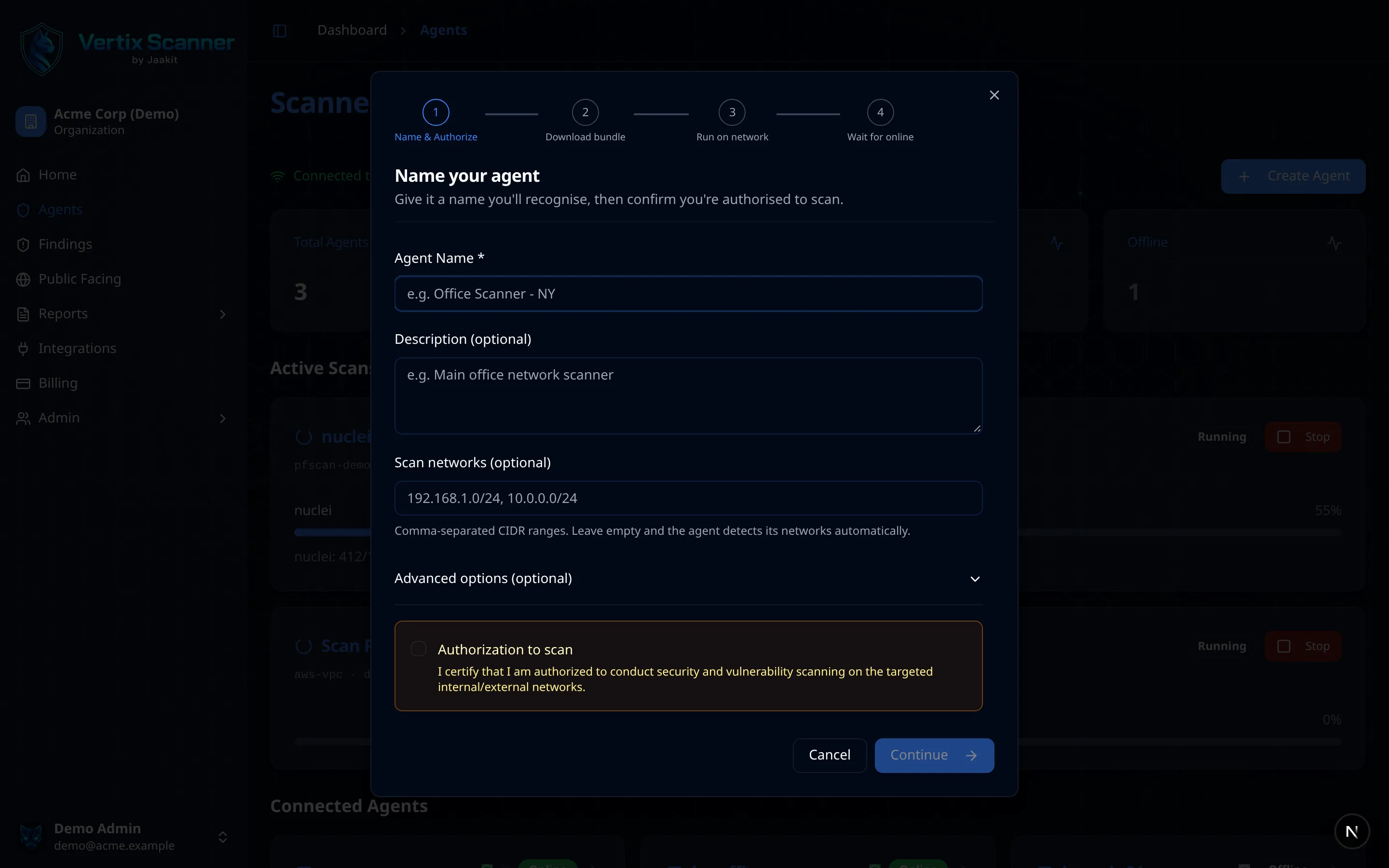 Vertix Scanner agent creation wizard with authorization confirmation